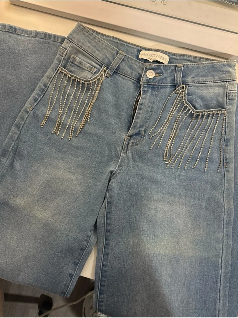 Light Blue Rhinestone Fringe Women’s Straight Leg Jeans